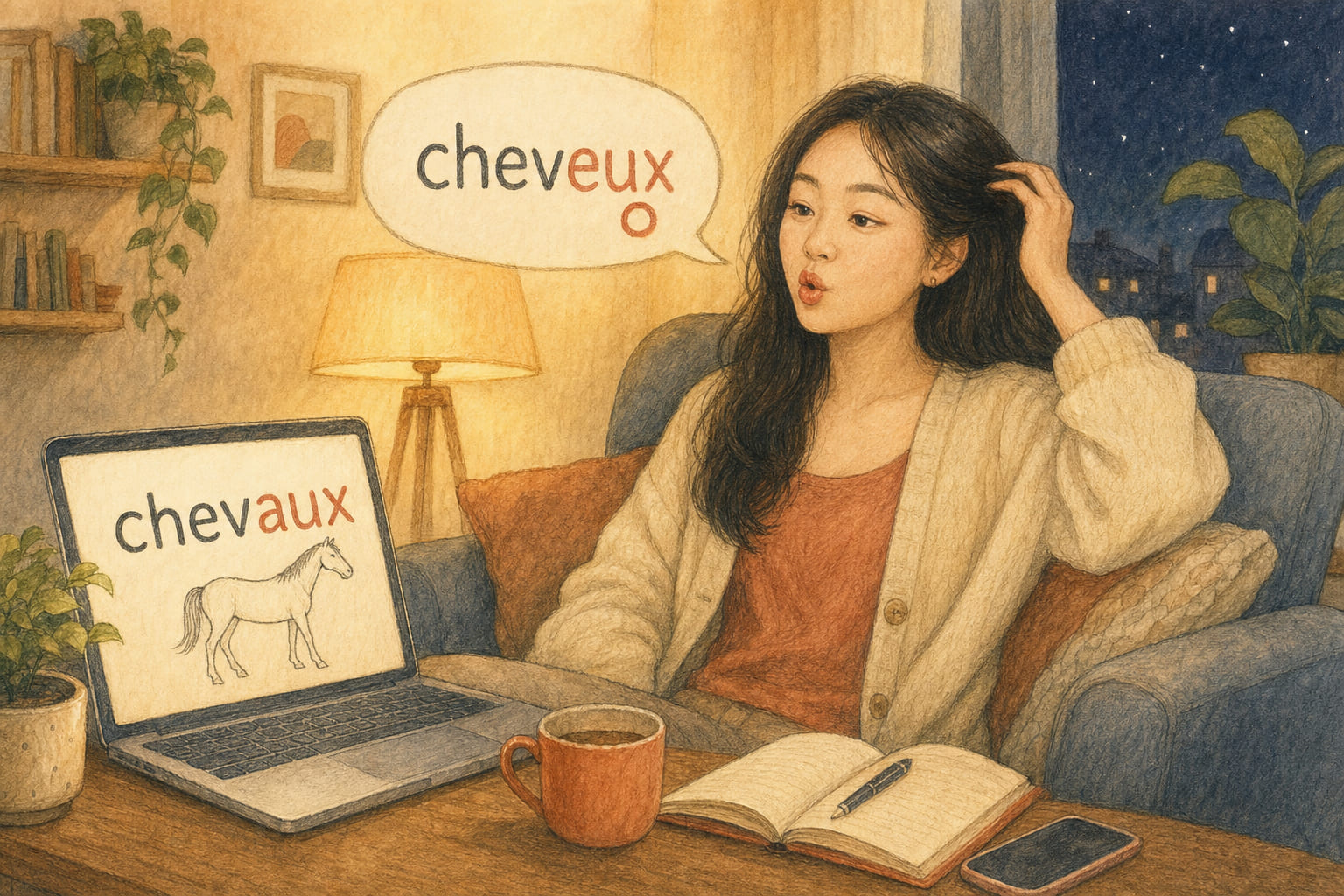 A woman practising French at home says cheveux with her lips pushed forward, while her laptop answers with chevaux beside a small drawing of a horse.