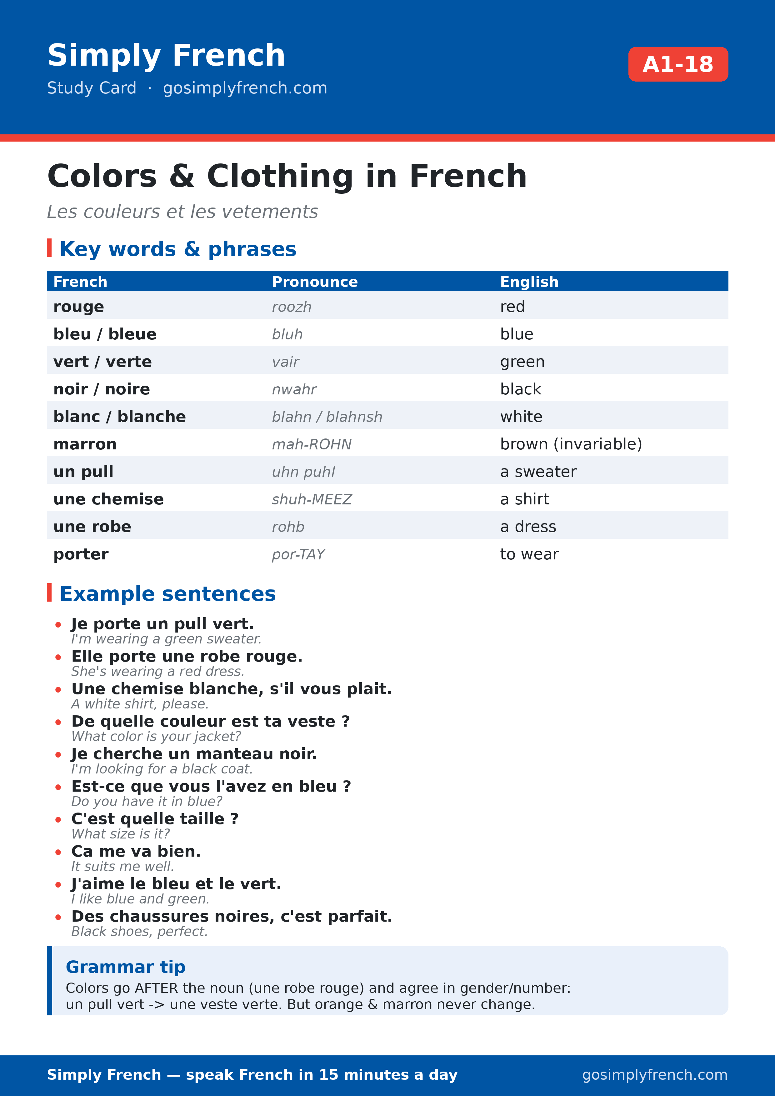 Colors and Clothing in French study card (A1-18)