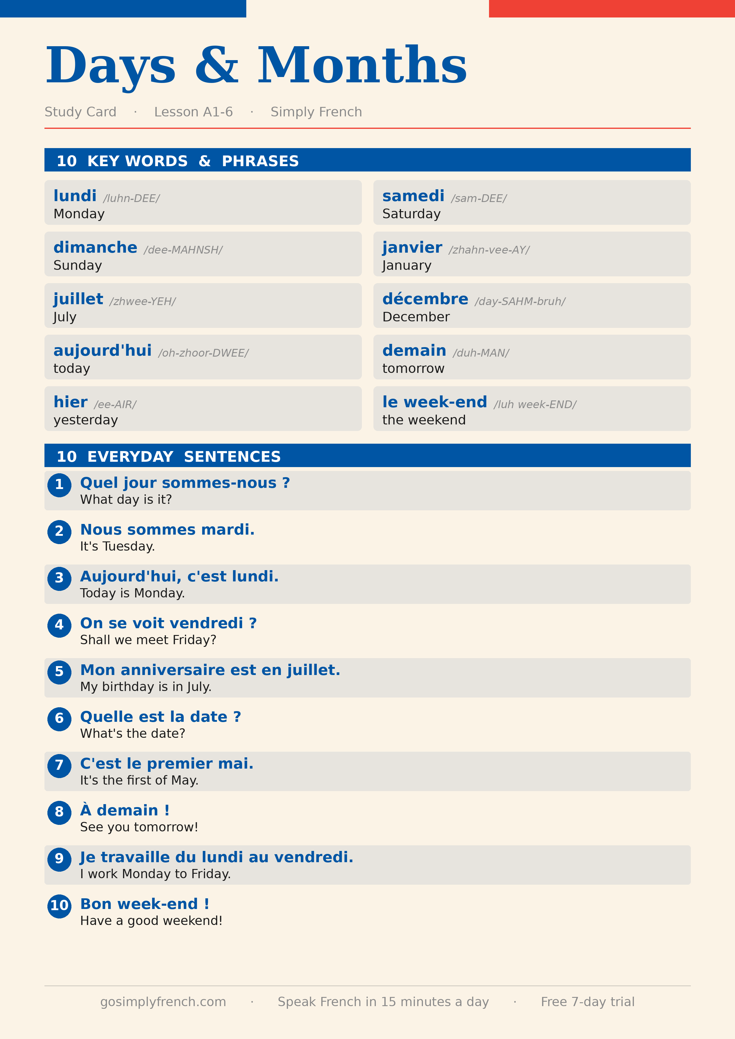 Days & Months in French study card - Simply French Lesson A1-6