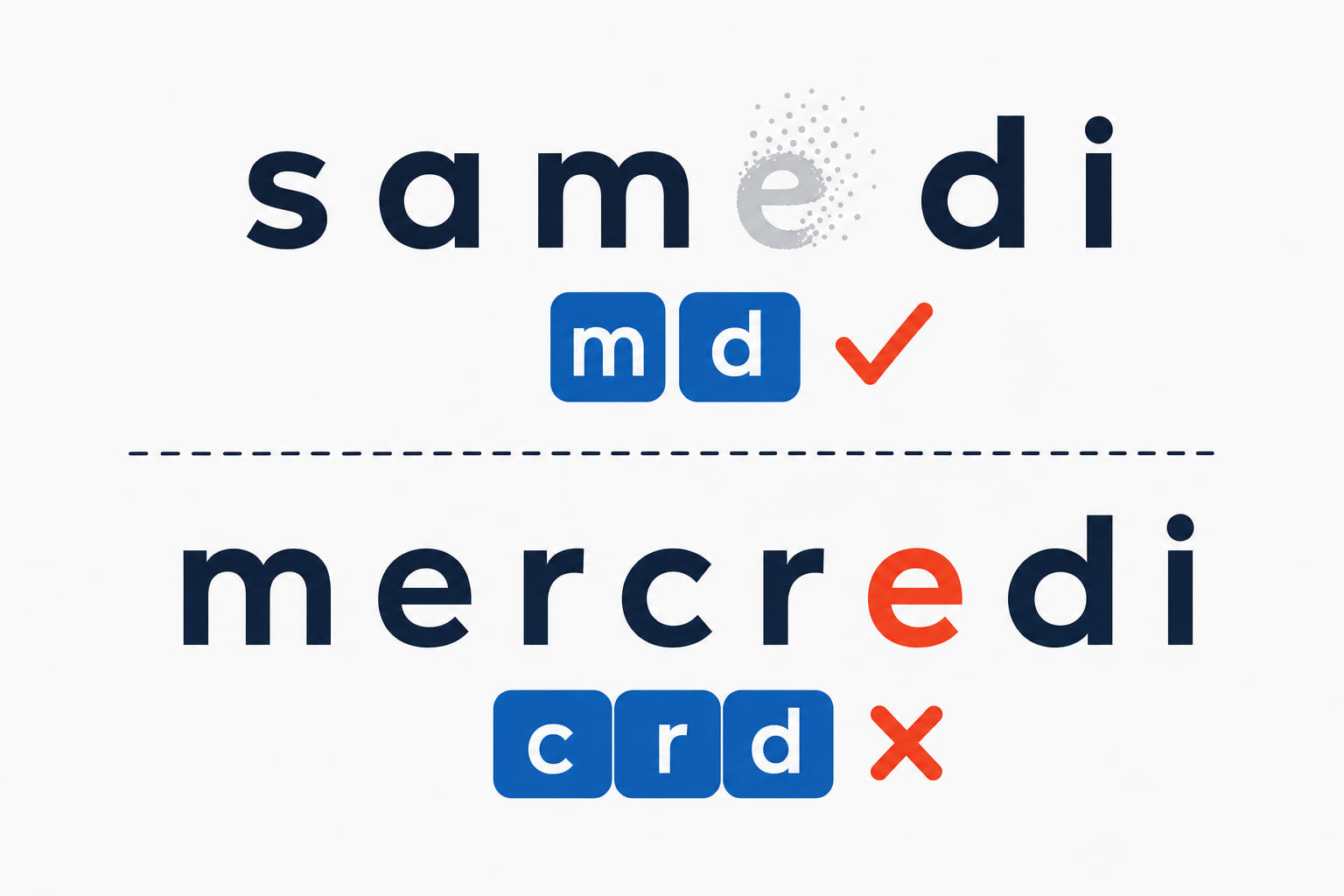 Samedi drops its e because only m and d would meet, while mercredi keeps it because c, r and d would pile up.