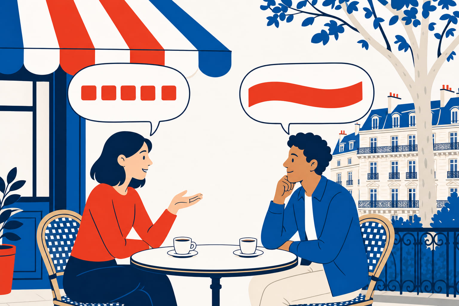 Two friends talking at a Paris café: one speech bubble holds separate word blocks with visible gaps, the other holds the same blocks fused into a single smooth ribbon.