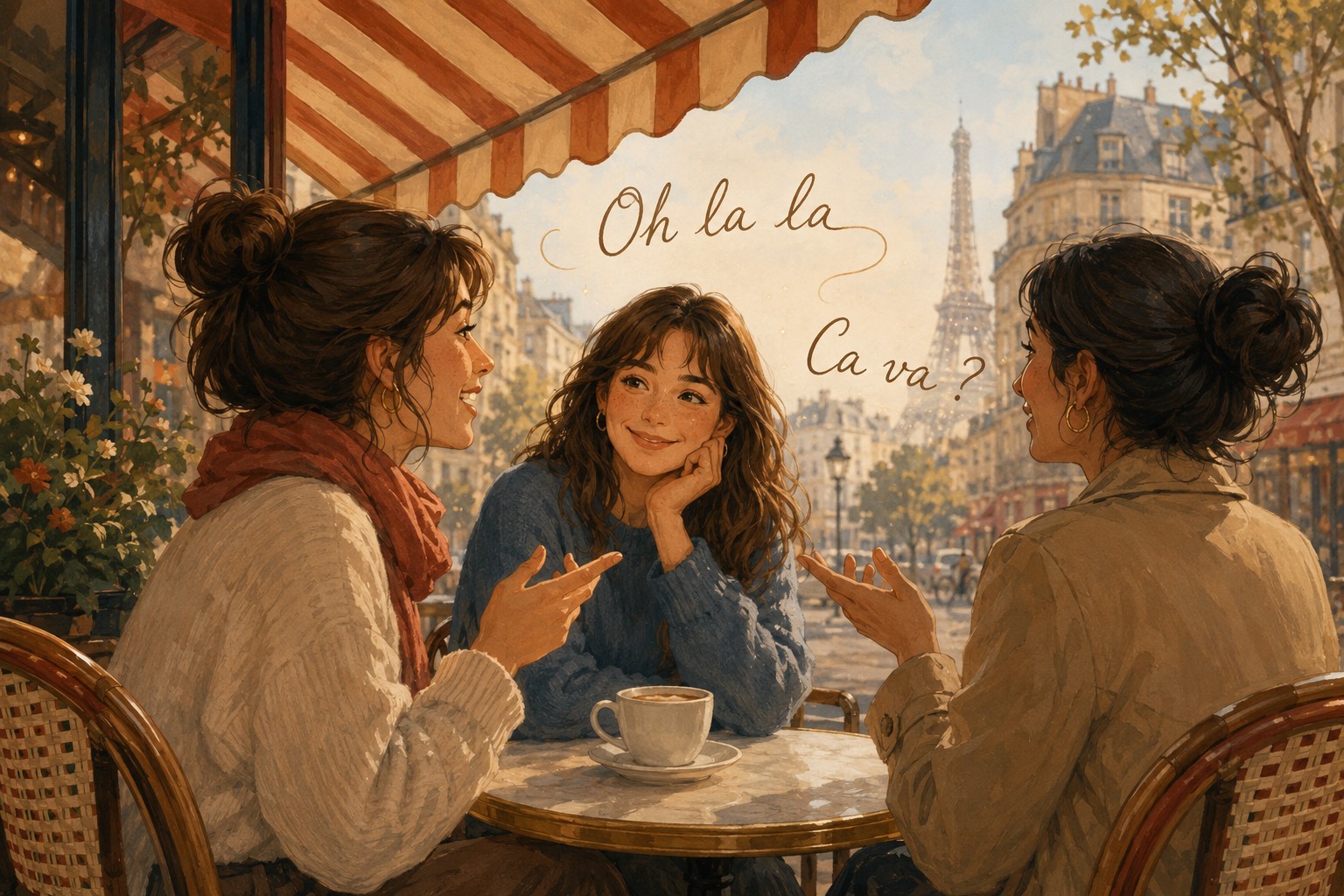 A woman at a Paris cafe table listening to two friends talk, the phrases oh la la and ca va drawn in the air between them.