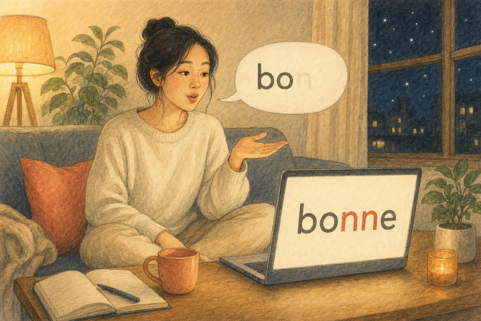 A woman practising at home says bon with the N fading out of her speech bubble, while her laptop answers with bonne and its doubled N held in red.