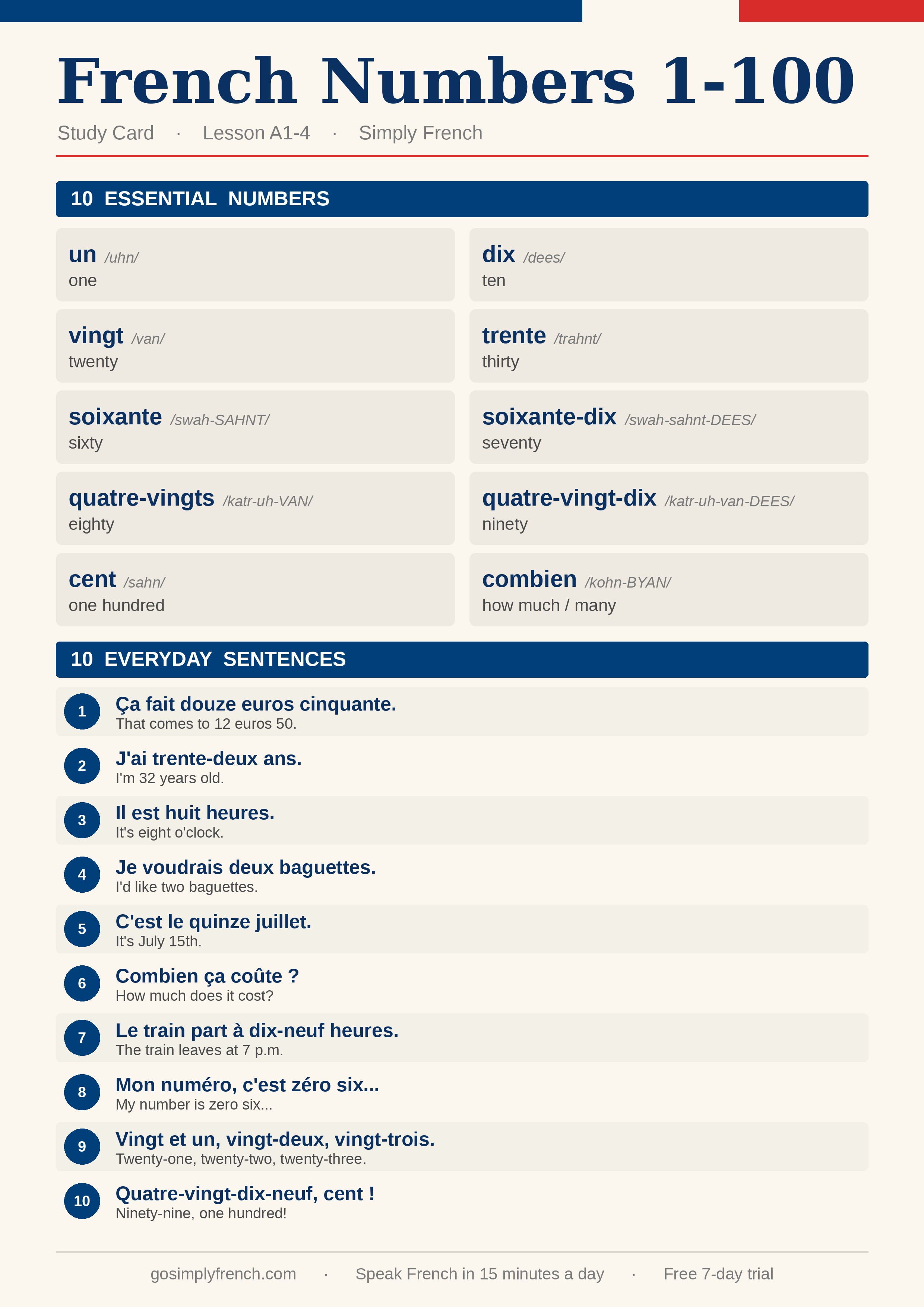 French Numbers 1-100 study card - Simply French, Lesson A1-4