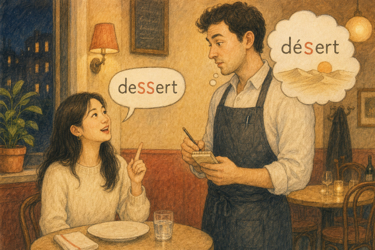 A diner in a French restaurant says dessert while the waiter imagines a sand dune, with the doubled S highlighted between the two words.