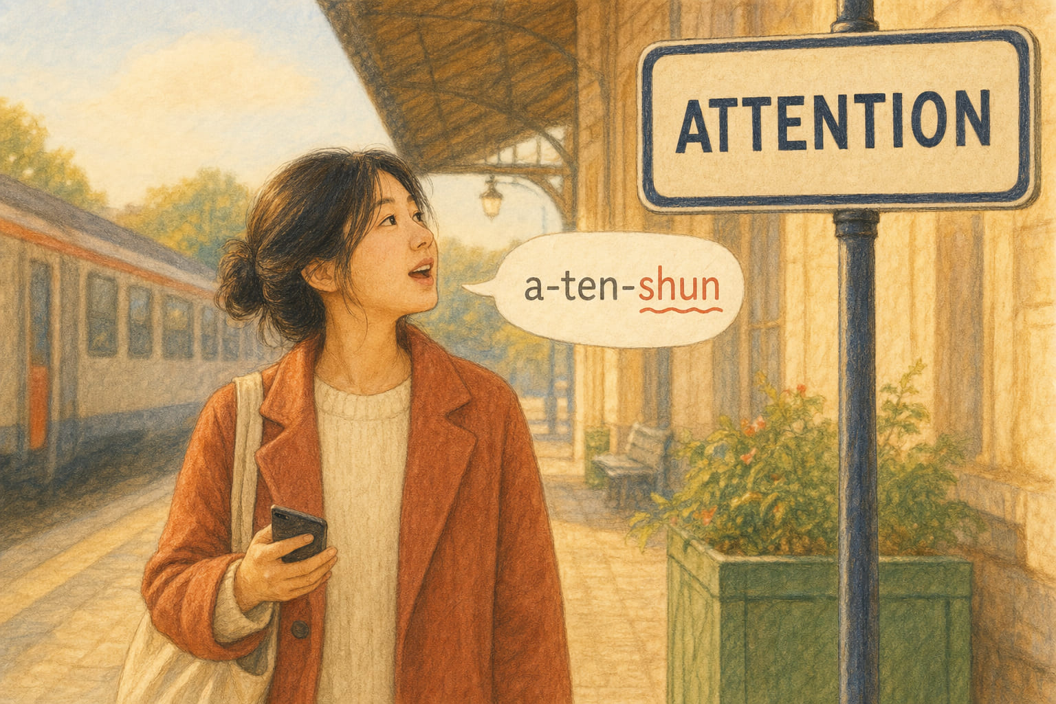 A learner reading a French sign aloud at a station, the word attention on the sign, her pronunciation shown drifting toward the English shun sound.