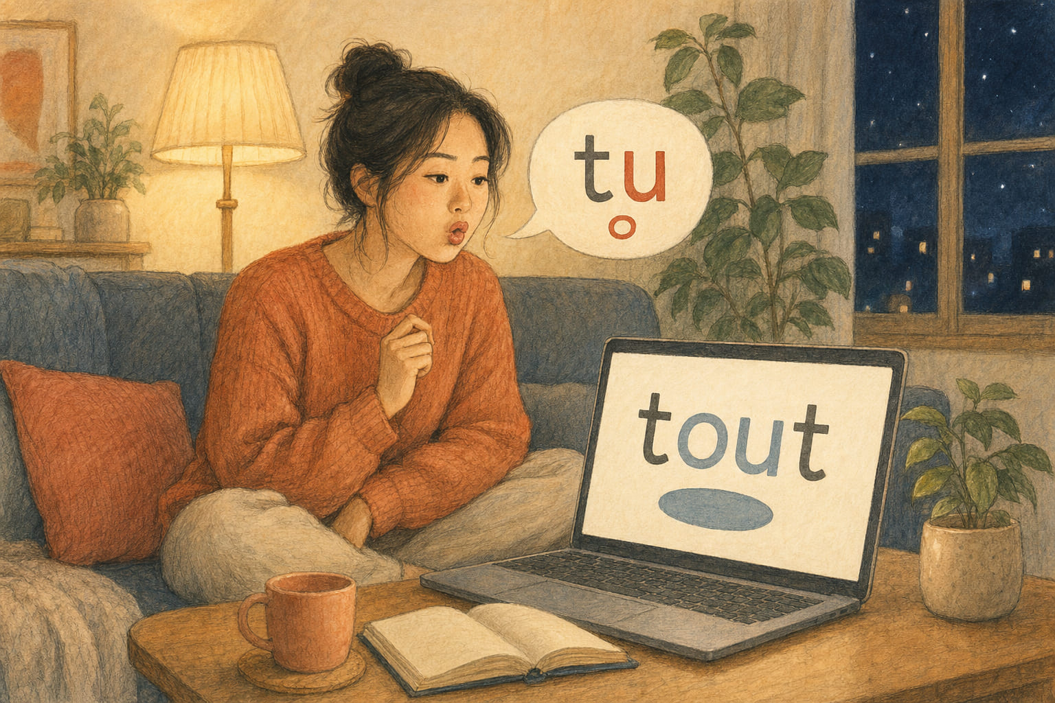 A woman practising at home says tu while her laptop answers with tout, the u held in red and the ou faded in blue.
