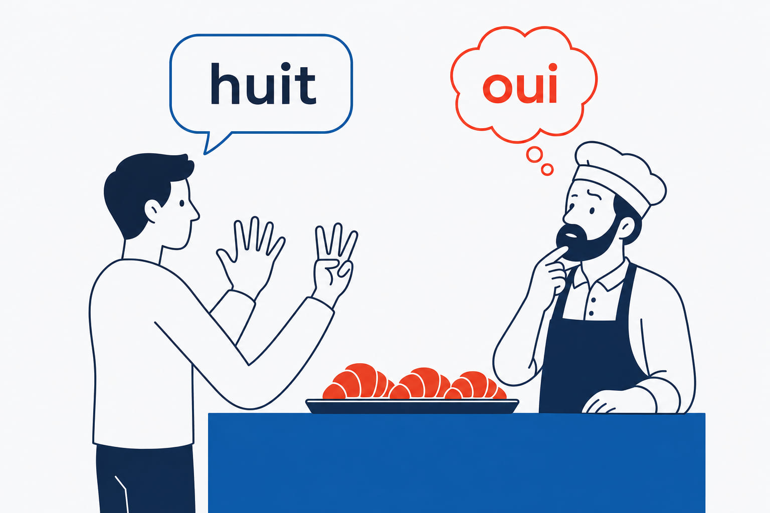 A customer holding up eight fingers saying huit while the baker hears oui.