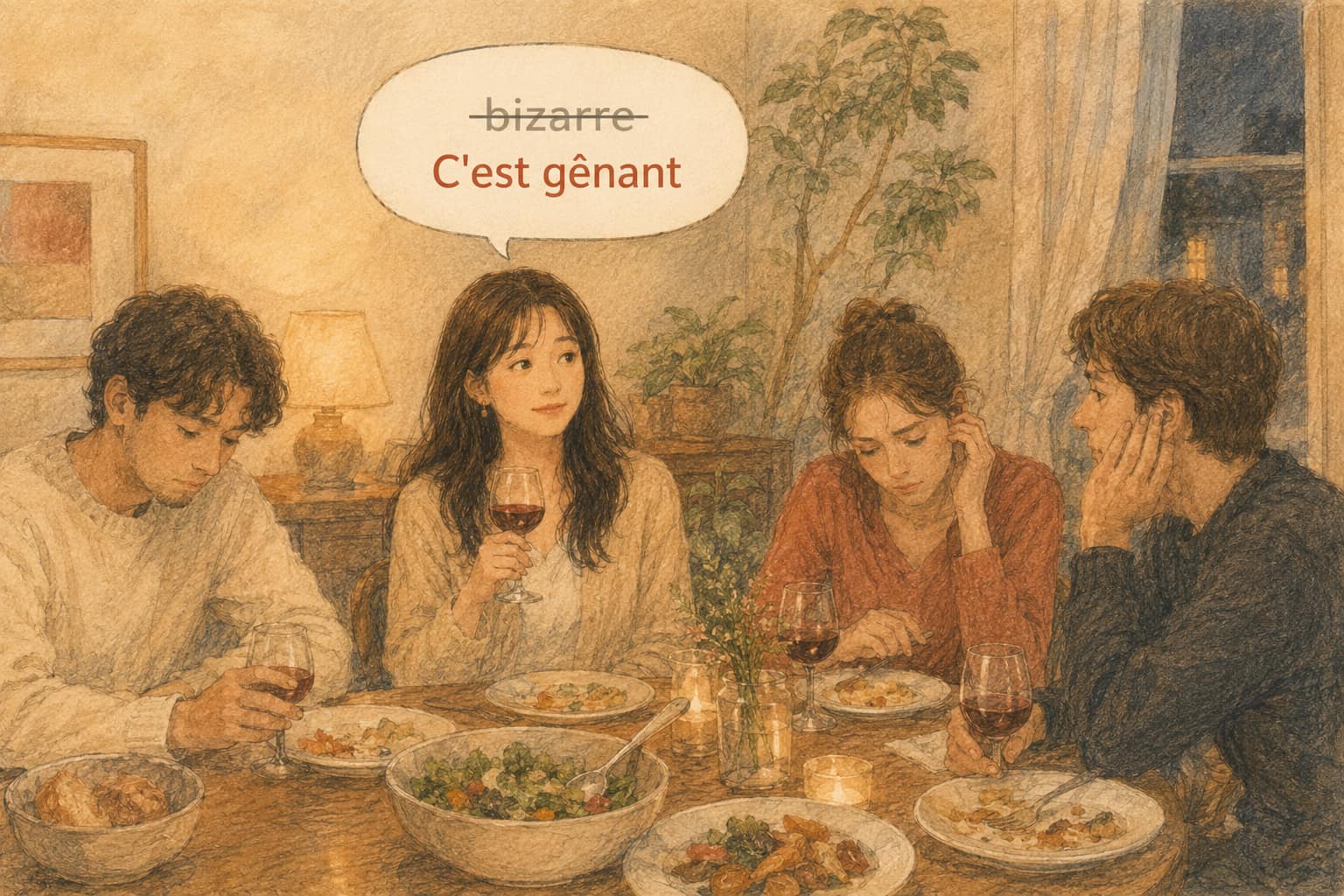 An awkward beat at a dinner table after a joke lands flat, with bizarre crossed out in a speech bubble and C'est gênant written underneath it.