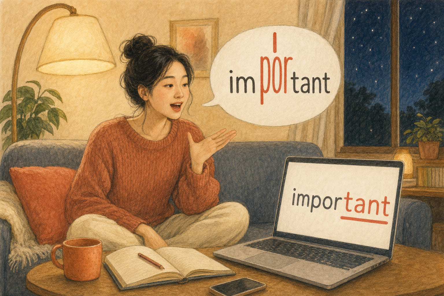 A woman practising French at home says important with the middle syllable spiking, while her laptop shows the same word with its final syllable stretched long.