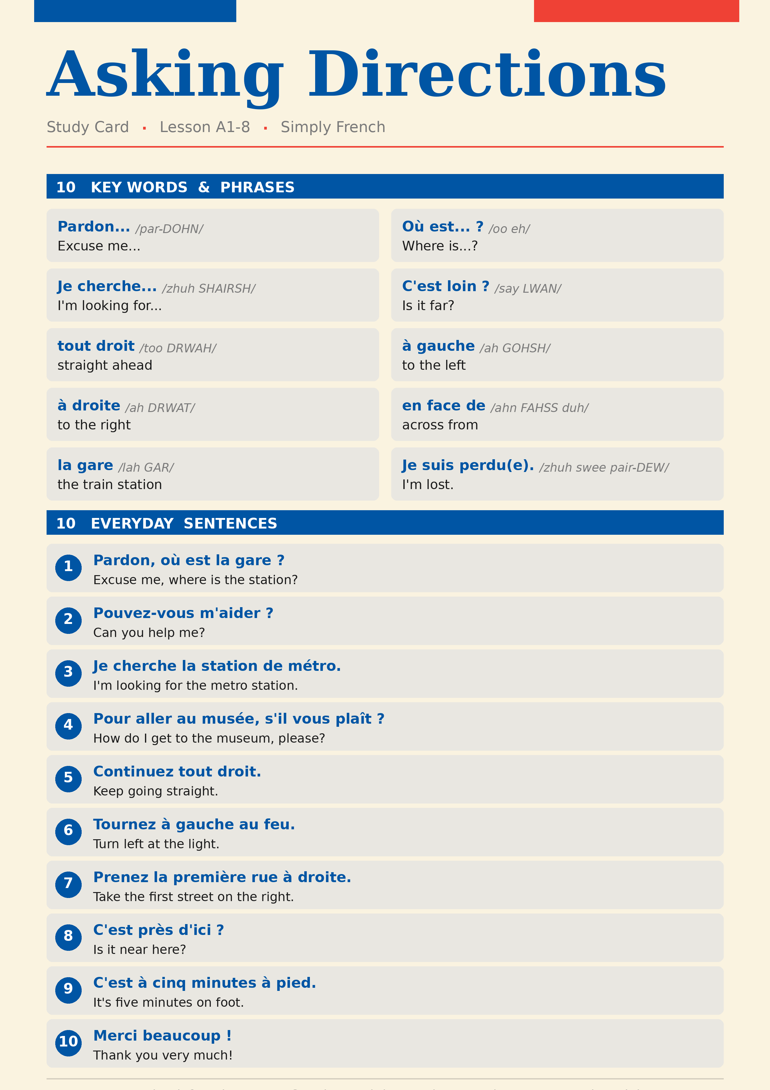 Simply French study card: Asking for Directions in French (A1-8) with key words and everyday sentences