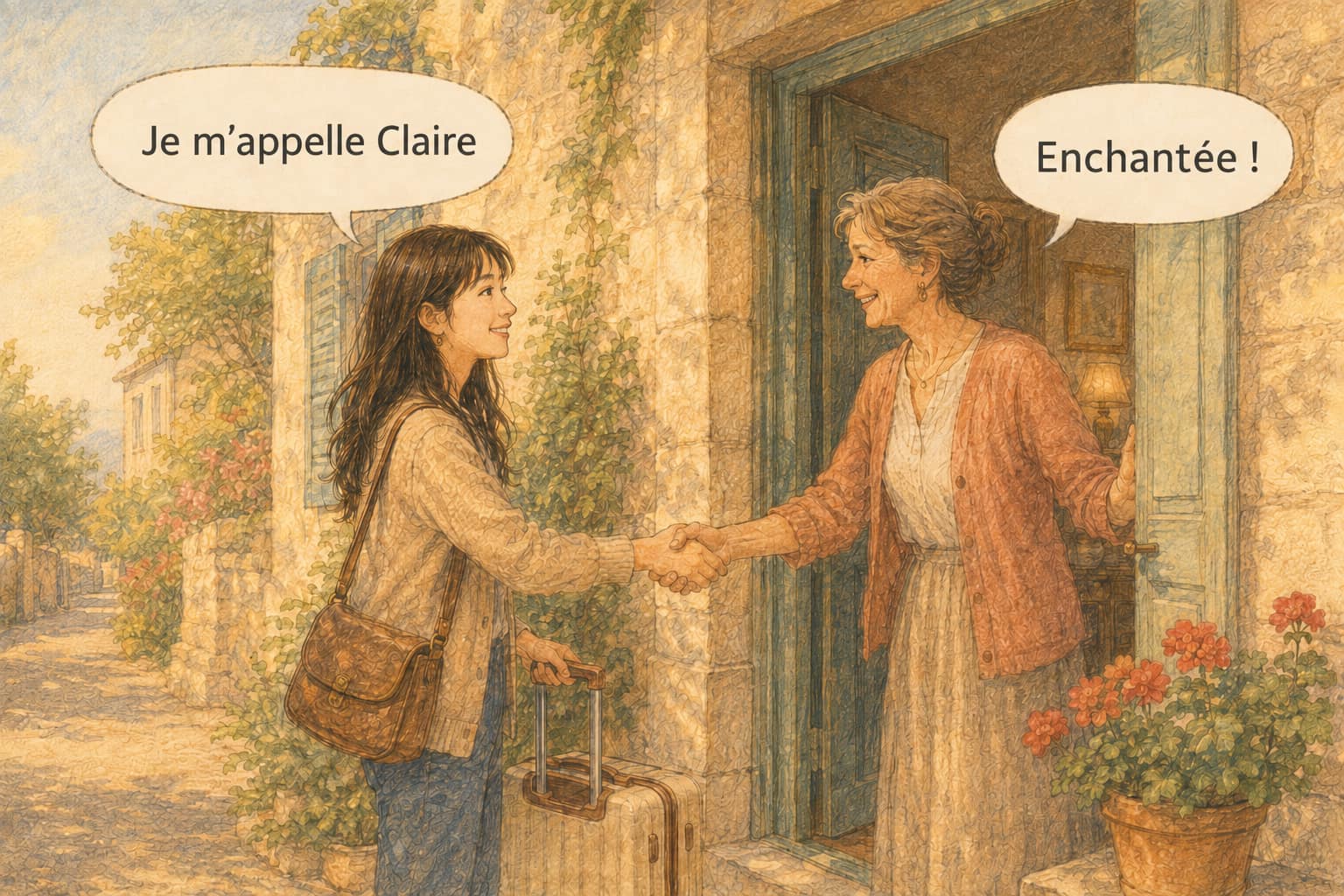 A traveller shakes hands with her French host on the doorstep, saying Je m'appelle Claire while the host answers Enchantée !