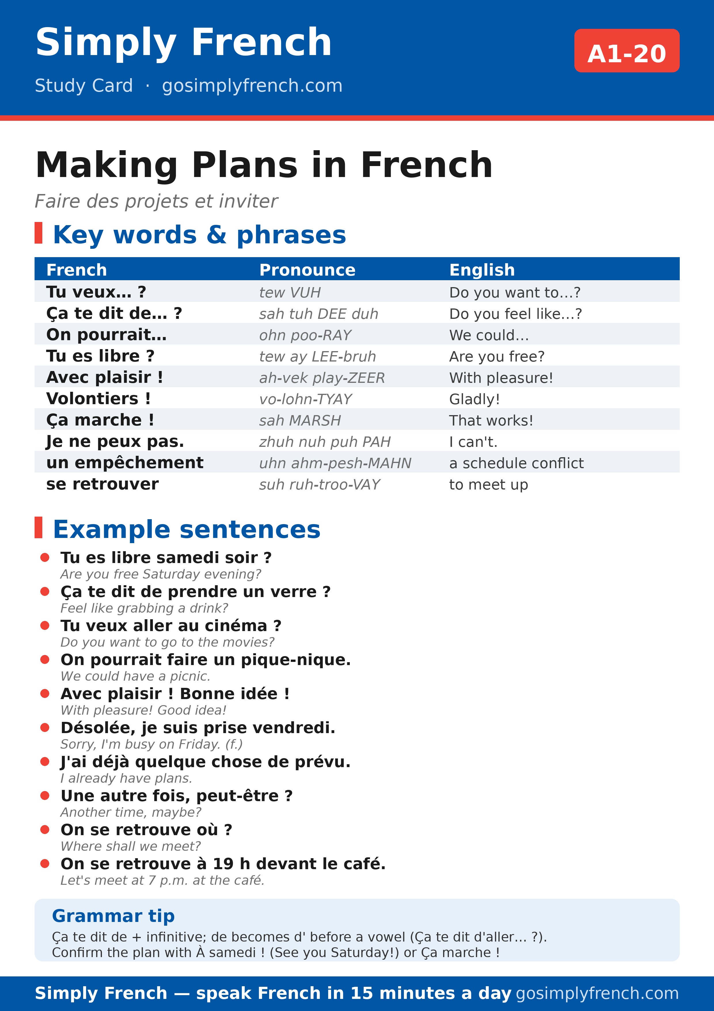 How to make plans in French — Simply French study card with key phrases and pronunciation