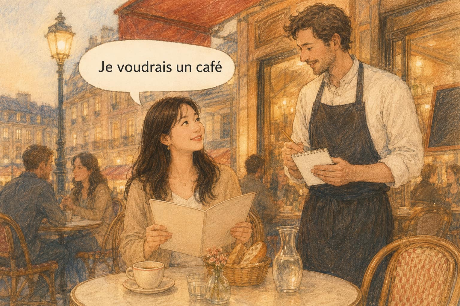 A diner at a Paris bistro orders with Je voudrais un café while the waiter stands at the table with his notepad.