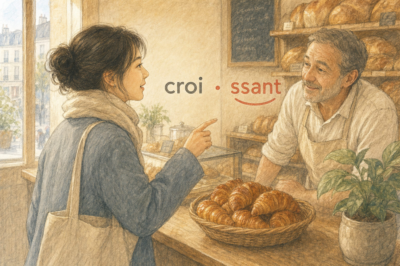 A traveller at a Paris bakery counter ordering a croissant, the word broken into its two French syllables above the pastry basket.