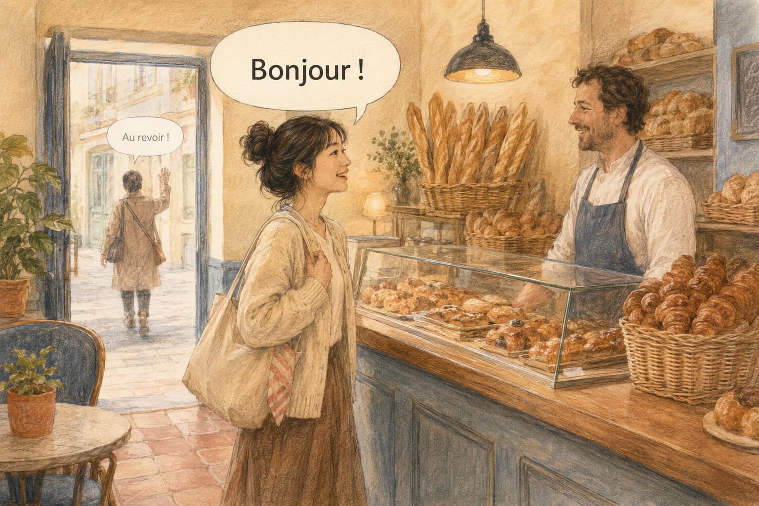 A learner steps up to a French bakery counter and opens with Bonjour, while a smaller Au revoir trails from a customer leaving through the doorway behind her.