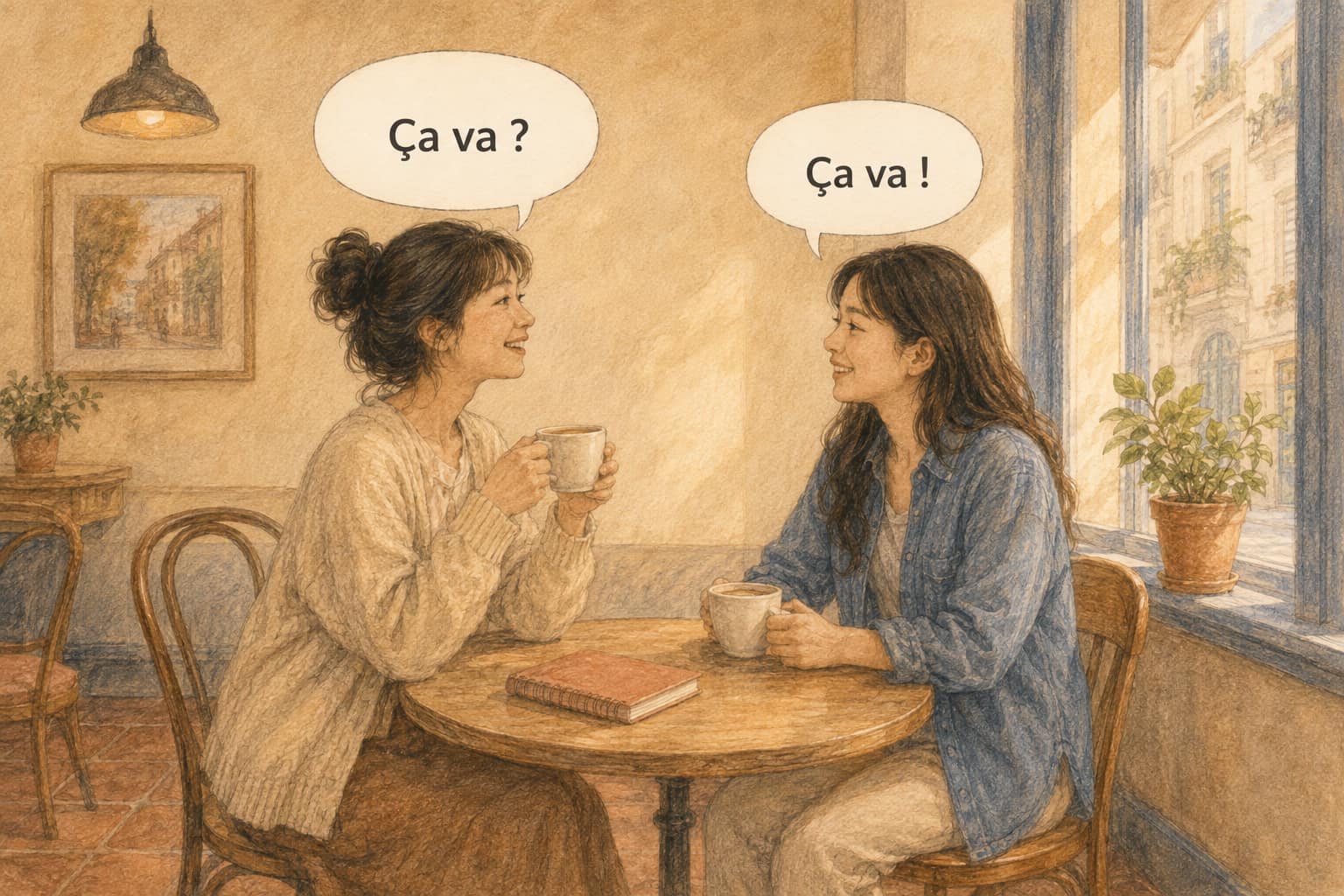 Two friends at a cafe window, one asking Ça va ? and the other answering Ça va ! — the same two words doing both jobs.