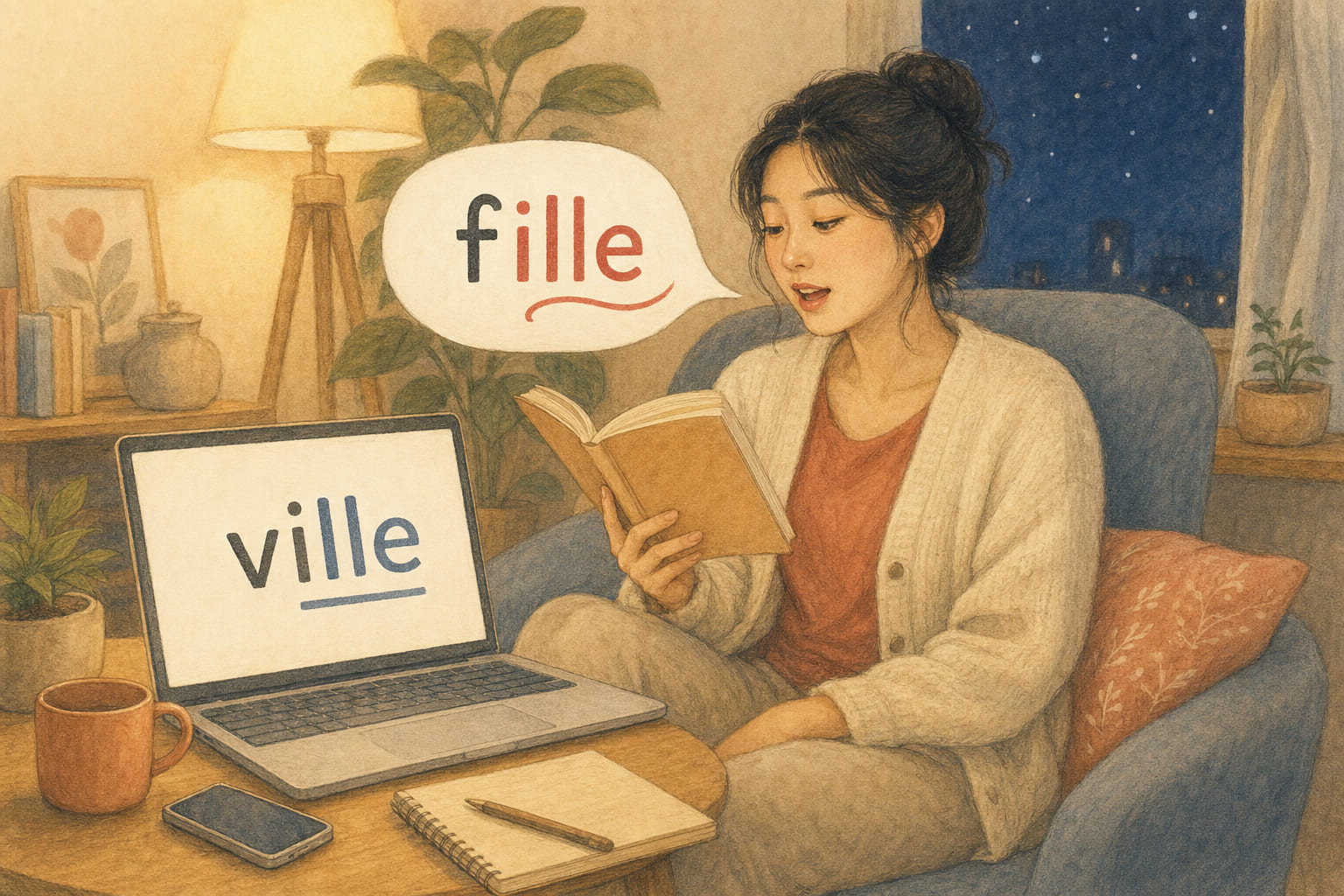 A woman reading aloud at home says fille while her laptop answers with ville, the same four-letter ending coloured differently in each word.