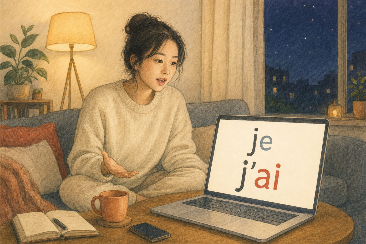 A learner speaking into a laptop, the words je and j'ai shown side by side with only the vowel highlighted differently.