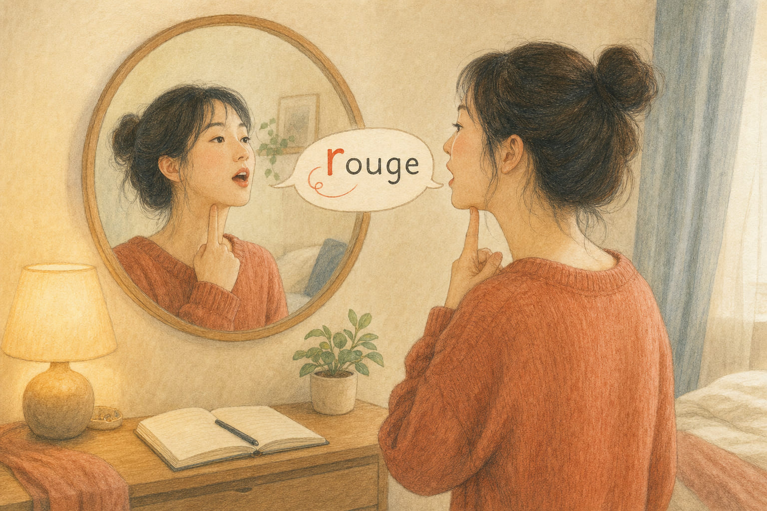 A learner at a mirror with one finger resting under her chin, saying rouge, checking that her jaw stays still while the R is made at the back of her mouth.