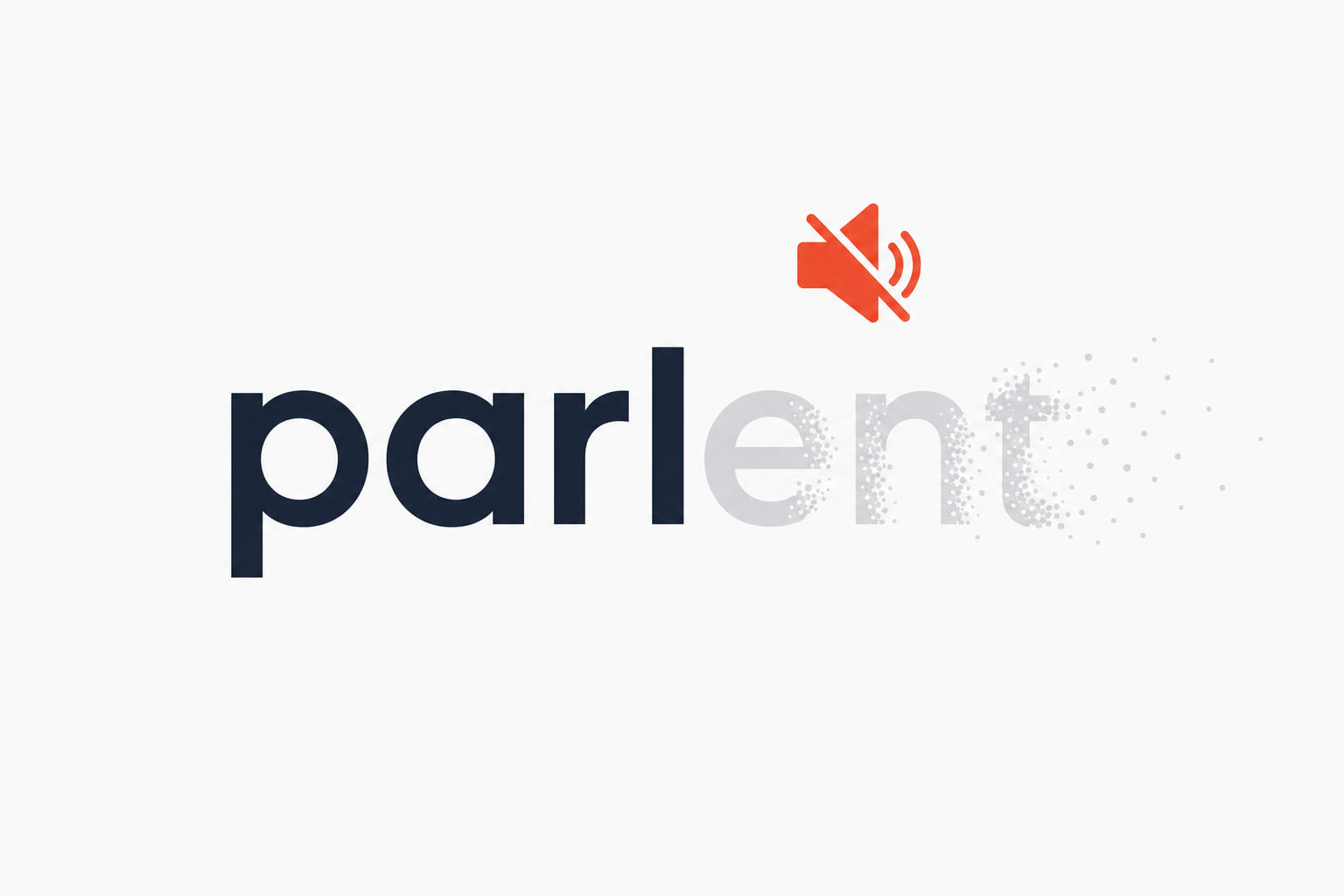 The word parlent with its -ent ending dissolving into particles beside a muted speaker icon.